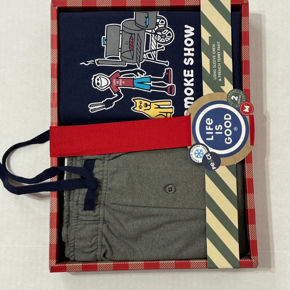 Life Is Good Pajama Set NWT Sz M Navy Grey Long Sleeve Crew/French Terry Pant - Picture 9 of 13